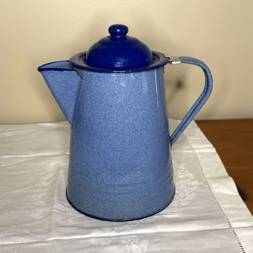 Vintage Blue Speckled Enamel Coffee Pot Kitchen Camping Cottagecore Kettle